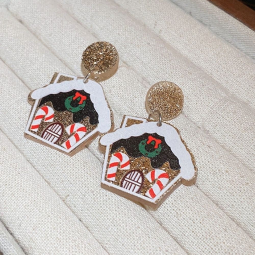 Gingerbread house acrylic post back Christmas earrings nwt